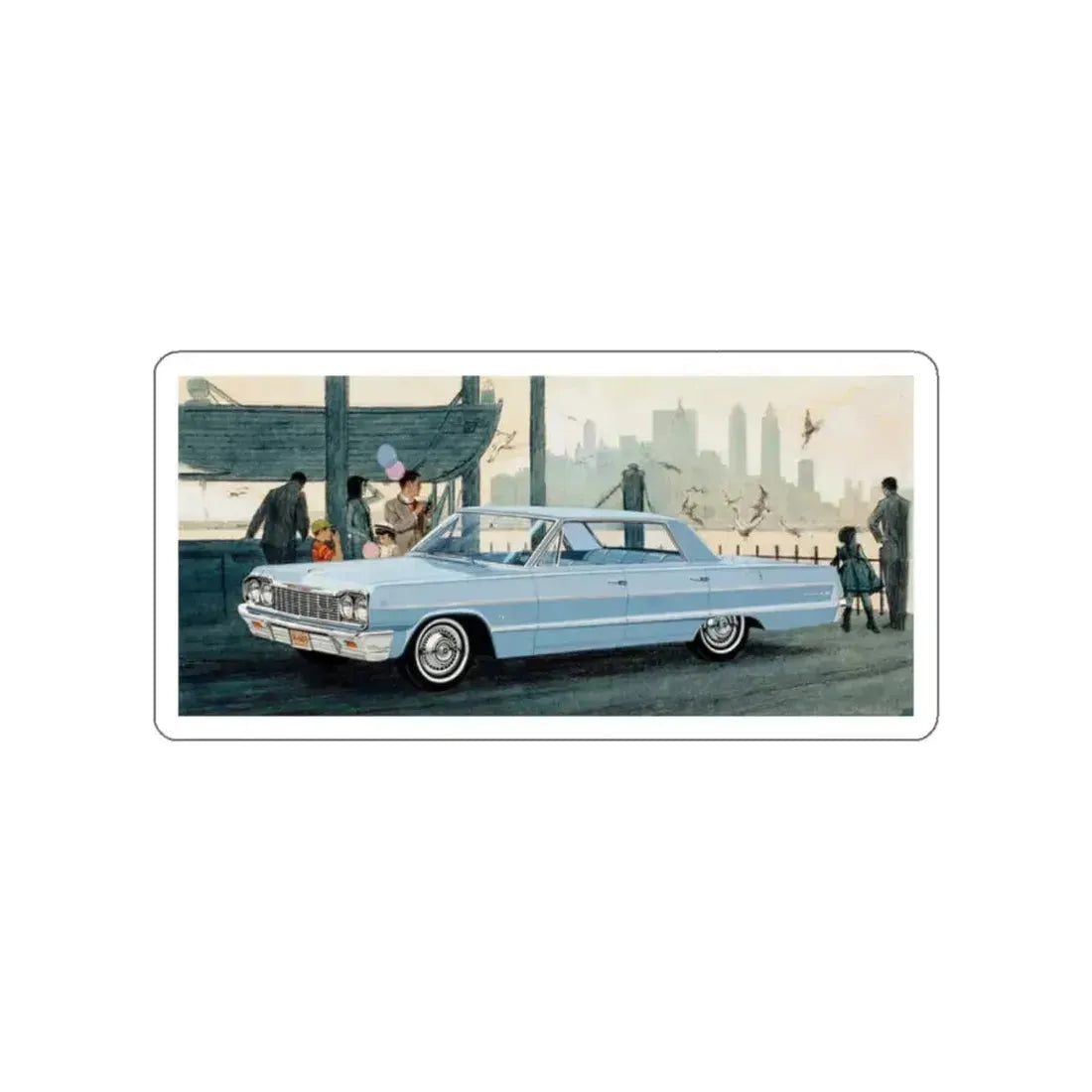 Impala Sports Sedan on Staten Island Ferry (Magazine Illustration) STICKER Vinyl Die-Cut Decal White Die-Cut 2 Inch - The Sticker Space