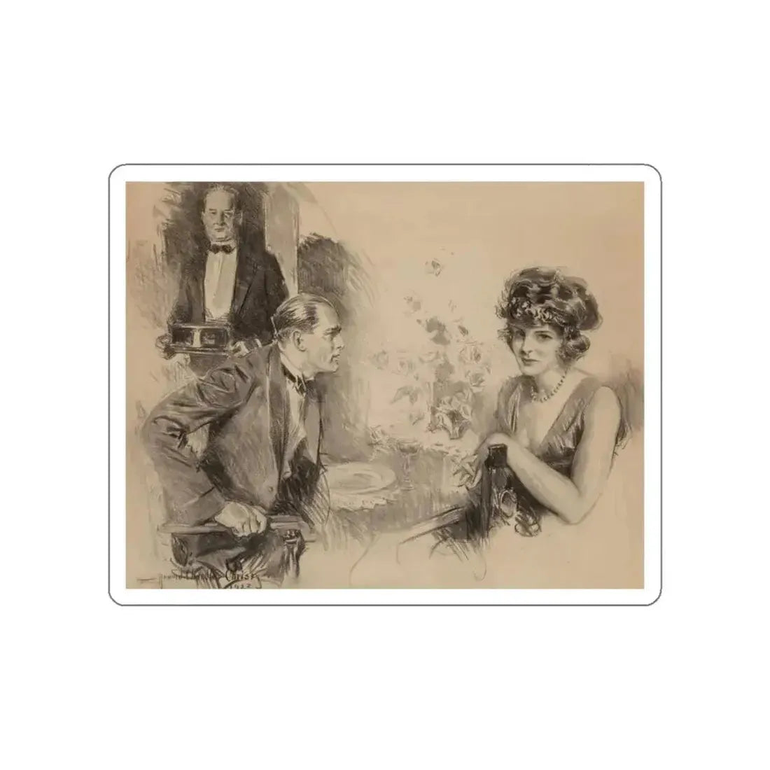 Impressing the Lady, The Saturday Evening Post interior illustration, 1922 (Magazine Illustration) STICKER Vinyl Die-Cut Decal - The Sticker Space