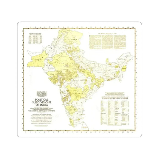 India - Political Subdivisions (1946) (Map) STICKER Vinyl Kiss-Cut Decal 2 Inch White - The Sticker Space