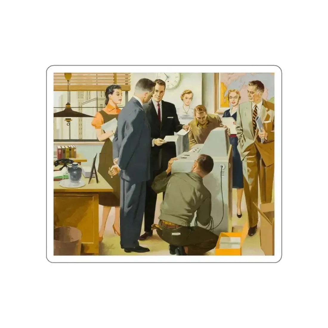 Installing a New Business Machine (Magazine Illustration) STICKER Vinyl Die-Cut Decal - The Sticker Space