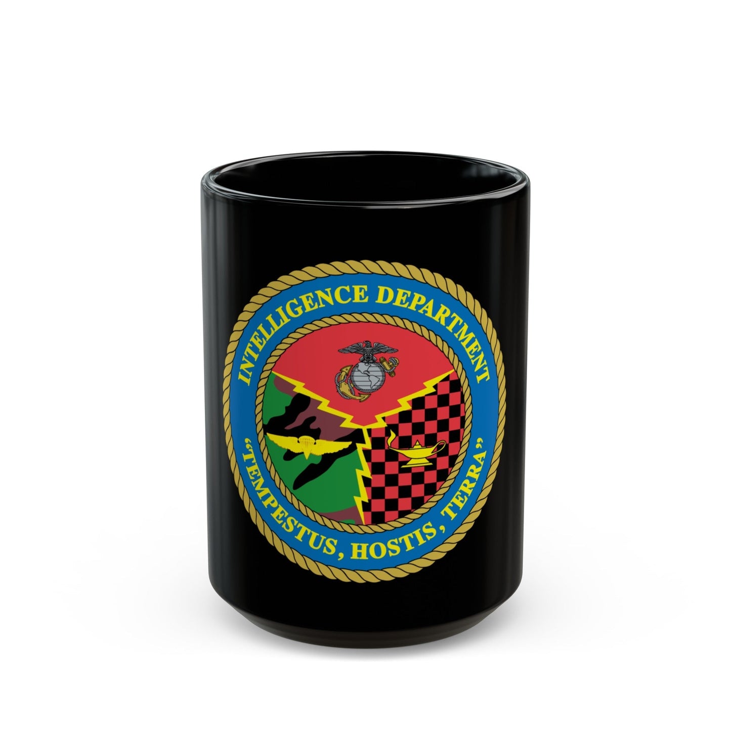 Intelligence Department Tempestus Hostis Terra (USMC) Black Coffee Mug-15oz-The Sticker Space