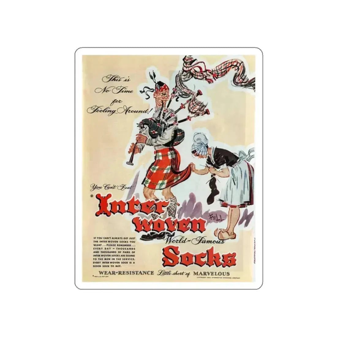 Interwoven Socks, The Saturday Evening Post, December 9, 1944 (Magazine Illustration) STICKER Vinyl Die-Cut Decal White Die-Cut 2 Inch - The Sticker Space