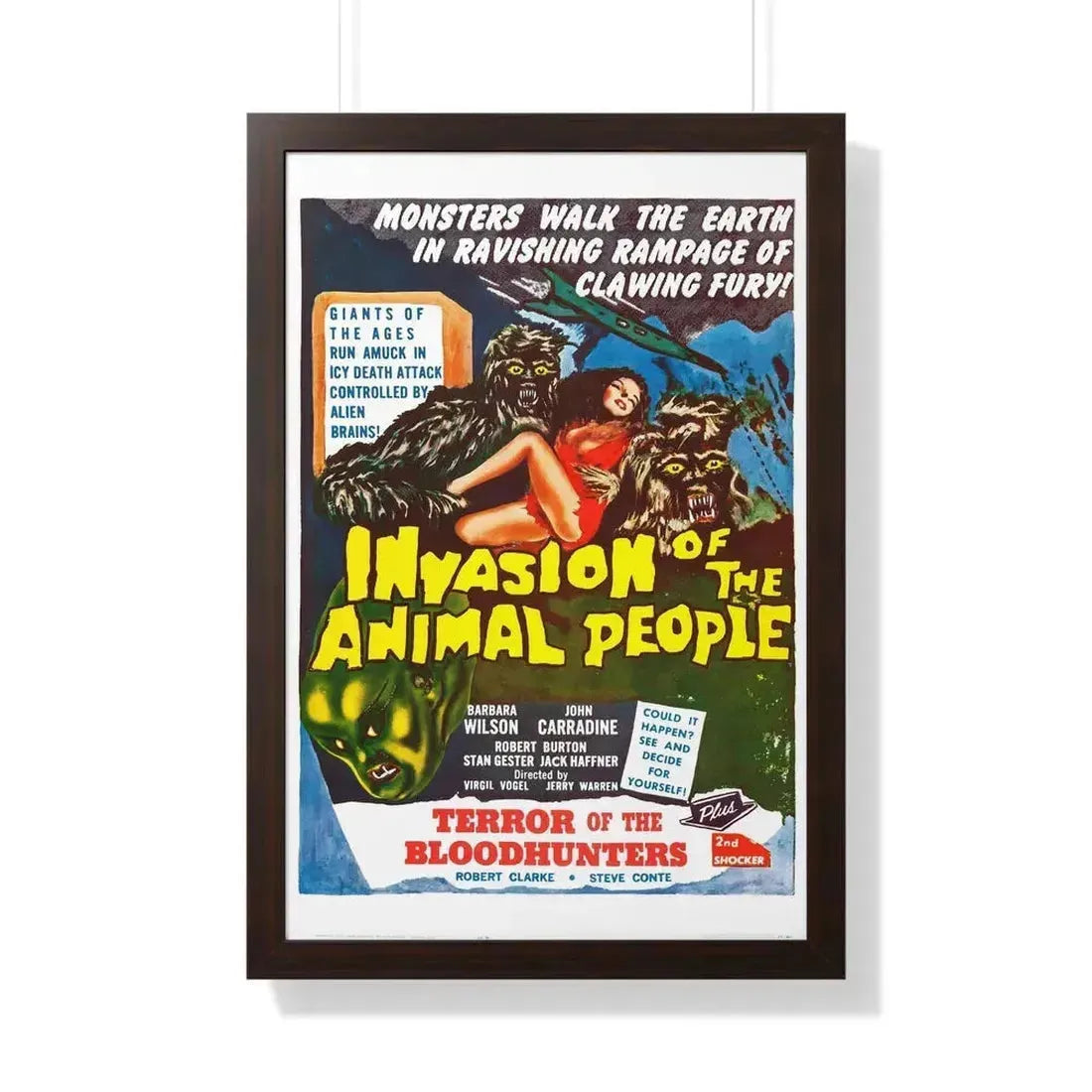 INVASION OF THE ANIMAL PEOPLE + TERROR OF THE BLOOD HUNTERS 1959 - Framed Movie Poster 20" x 30" Walnut - The Sticker Space