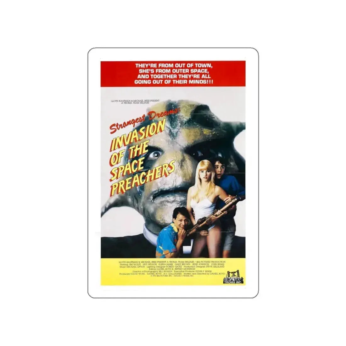 INVASION OF THE SPACE PREACHERS 1990 Movie Poster STICKER Vinyl Die-Cut Decal 4 Inch - The Sticker Space