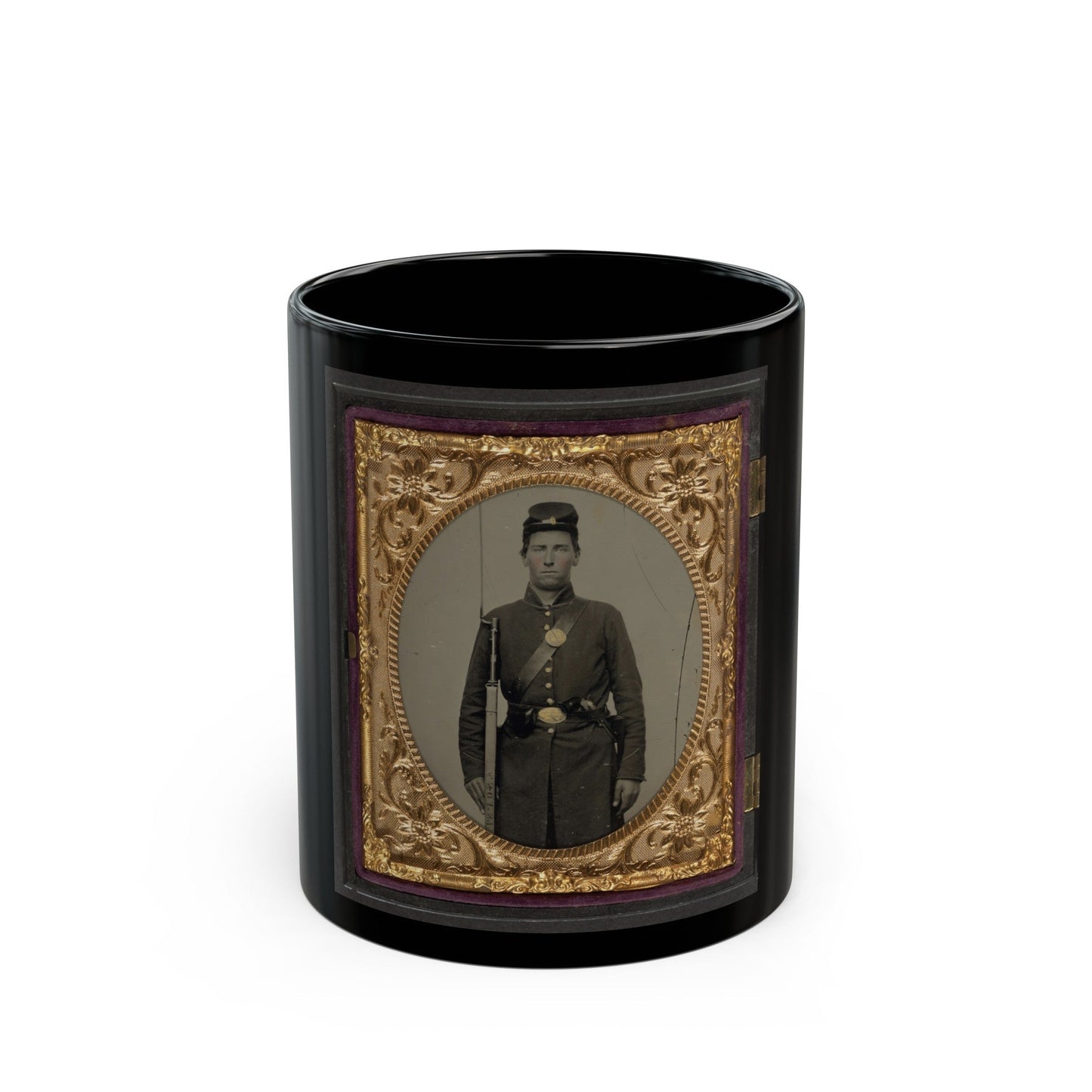 Isaac Yost Of Company C, 118th Regiment Illinois Infantry, Standing In Uniform With Bayoneted Musket And Revolver (U.S. Civil War) Black Coffee Mug-11oz-The Sticker Space