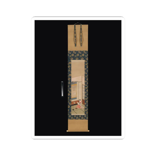 Small hanging scroll of a woman in a red kimono reading in a Japanese interior, set on blue brocade.