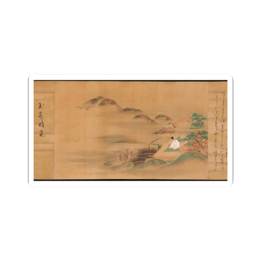 Handscroll painting of a robed figure in a pavilion beside two deer, pines, red maple and misty mountains.