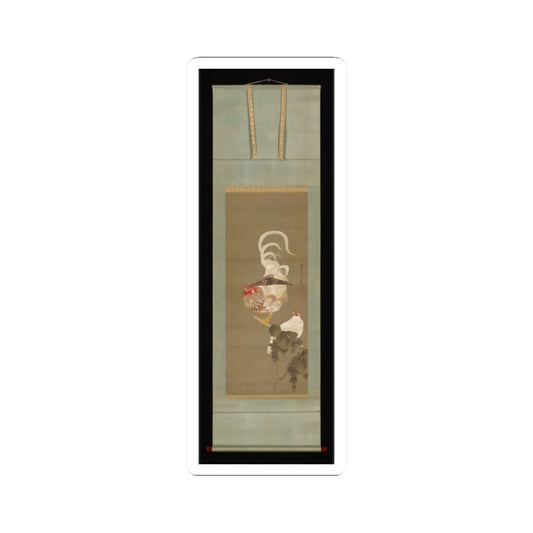 Hanging scroll painting of a rooster with long curved tail feathers beside a hen on a grapevine branch.