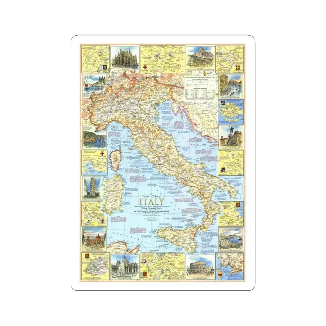 Italy - A Traveller's Map 1 (1970) (Map) STICKER Vinyl Kiss-Cut Decal 4 Inch White - The Sticker Space