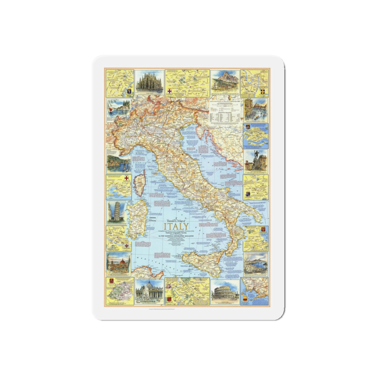 Italy - A Traveller's Map 1 (1970) (Map) Refrigerator Magnet-5" x 5"-The Sticker Space