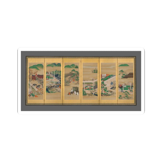 Six-panel gold-leaf folding screen with courtly figures among palace buildings, pine trees and green hills.
