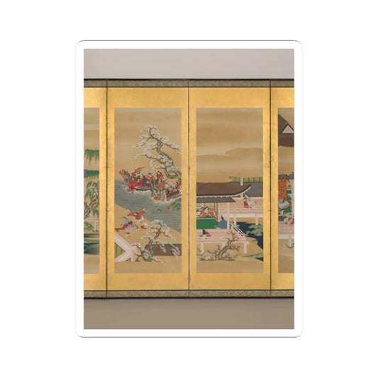 Gold-leaf screen panel with a dragon-prowed boat on waves beside blossoming plum trees and a pavilion.