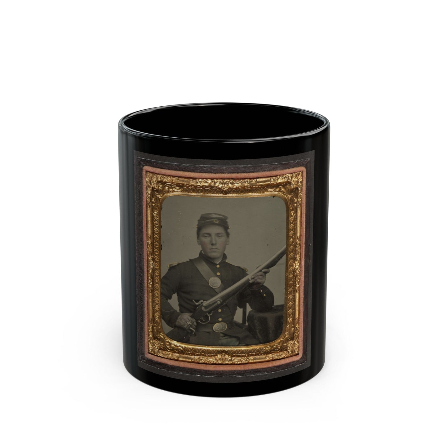 James Mcgrail In Union Uniform With Shoulder Scales And Eagle Breast Plate Sitting With A Musket And Bayonet In Scabbard (U.S. Civil War) Black Coffee Mug-11oz-The Sticker Space