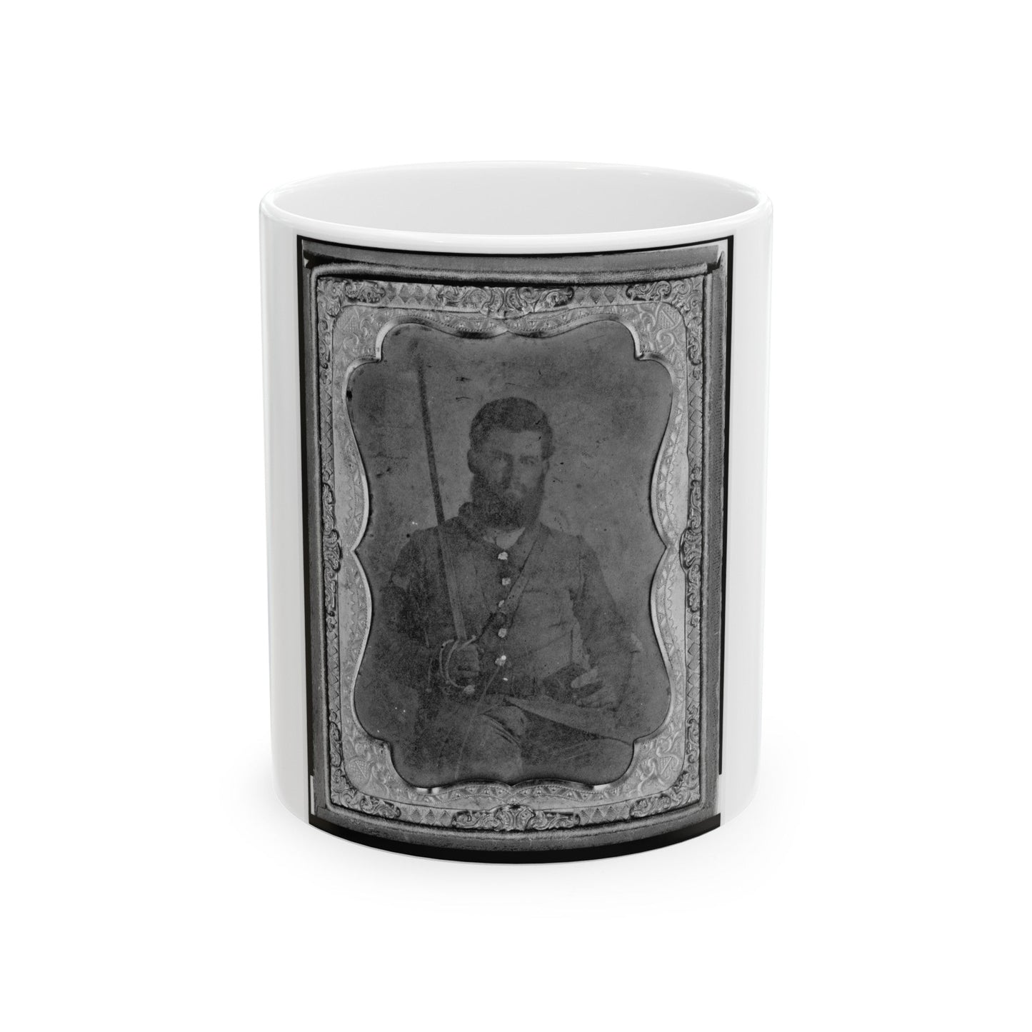 James S. Dodd, Pvt., Co. C, 4th South Carolina Cavalry, Half-Length Portrait, Seated Holding Saber, Facing Front (U.S. Civil War) White Coffee Mug-11oz-The Sticker Space