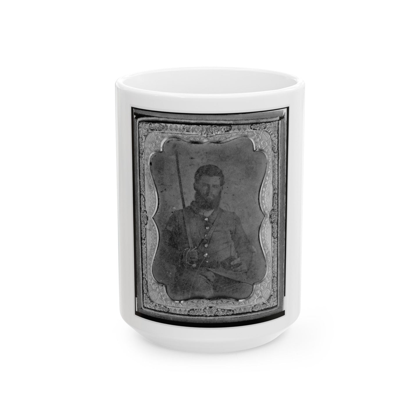 James S. Dodd, Pvt., Co. C, 4th South Carolina Cavalry, Half-Length Portrait, Seated Holding Saber, Facing Front (U.S. Civil War) White Coffee Mug-15oz-The Sticker Space