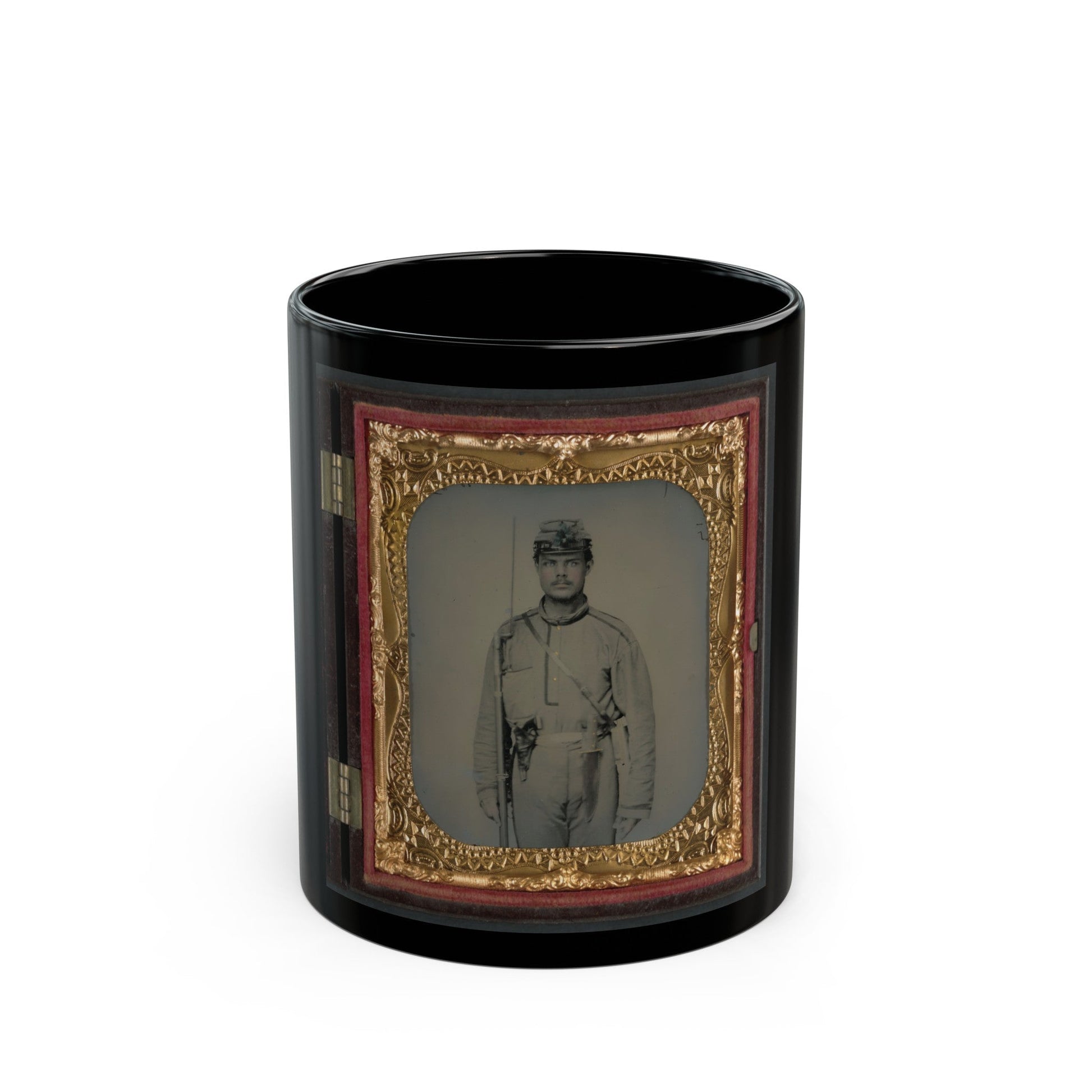 James W. Millner Of Company K, 38th Virginia Infantry Regiment With Bayoneted Musket, Holstered Pistol, And Knife (U.S. Civil War) Black Coffee Mug-11oz-The Sticker Space