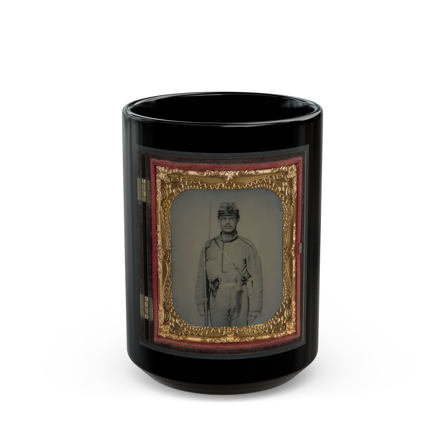 James W. Millner Of Company K, 38th Virginia Infantry Regiment With Bayoneted Musket, Holstered Pistol, And Knife (U.S. Civil War) Black Coffee Mug-15oz-The Sticker Space