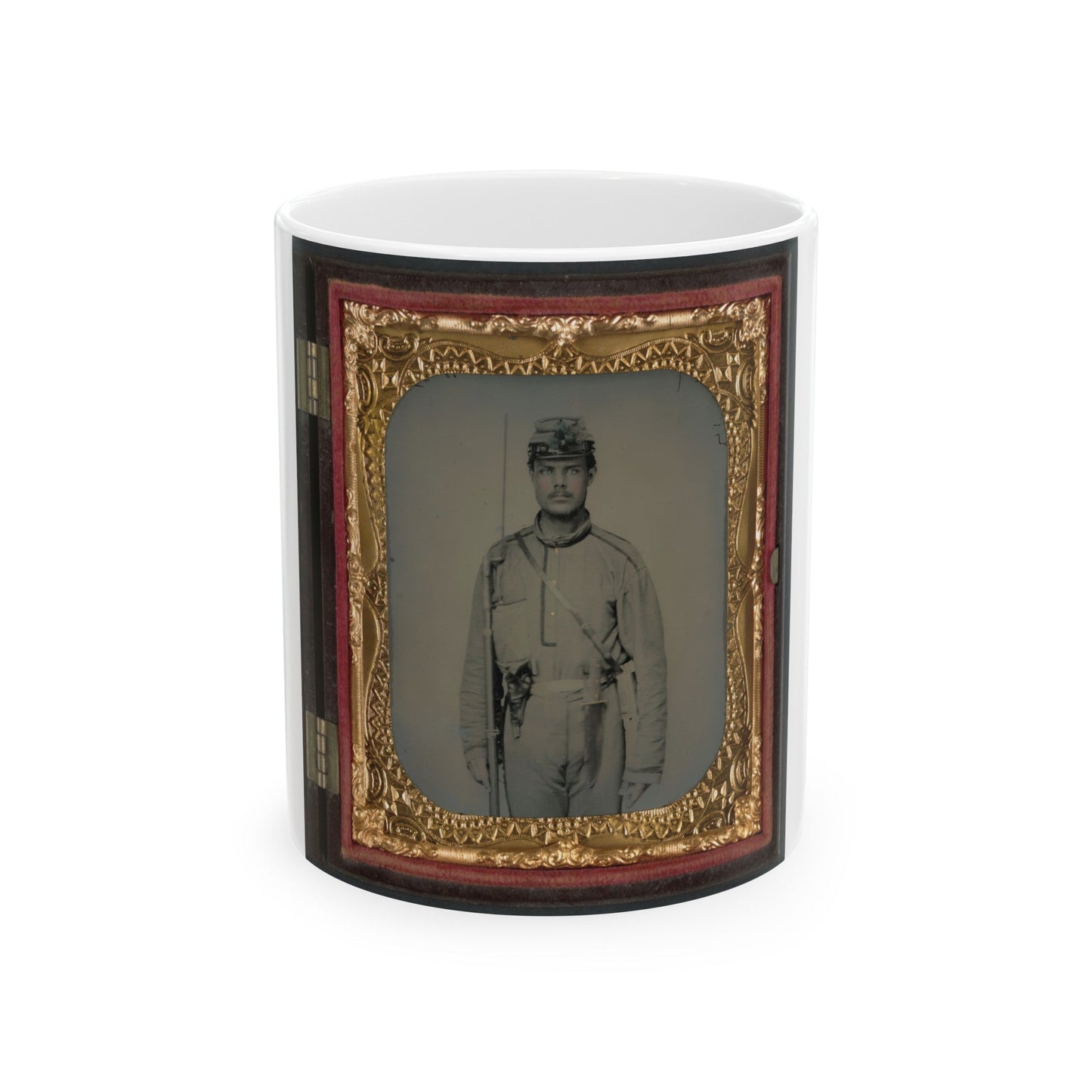 James W. Millner Of Company K, 38th Virginia Infantry Regiment With Bayoneted Musket, Holstered Pistol, And Knife (U.S. Civil War) White Coffee Mug-11oz-The Sticker Space