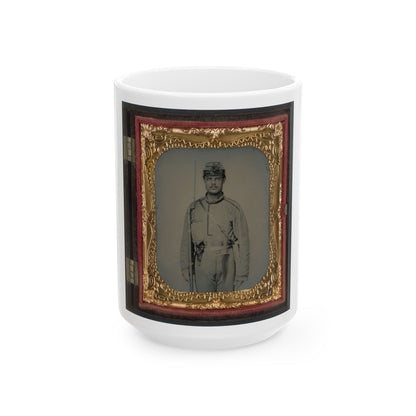 James W. Millner Of Company K, 38th Virginia Infantry Regiment With Bayoneted Musket, Holstered Pistol, And Knife (U.S. Civil War) White Coffee Mug-15oz-The Sticker Space