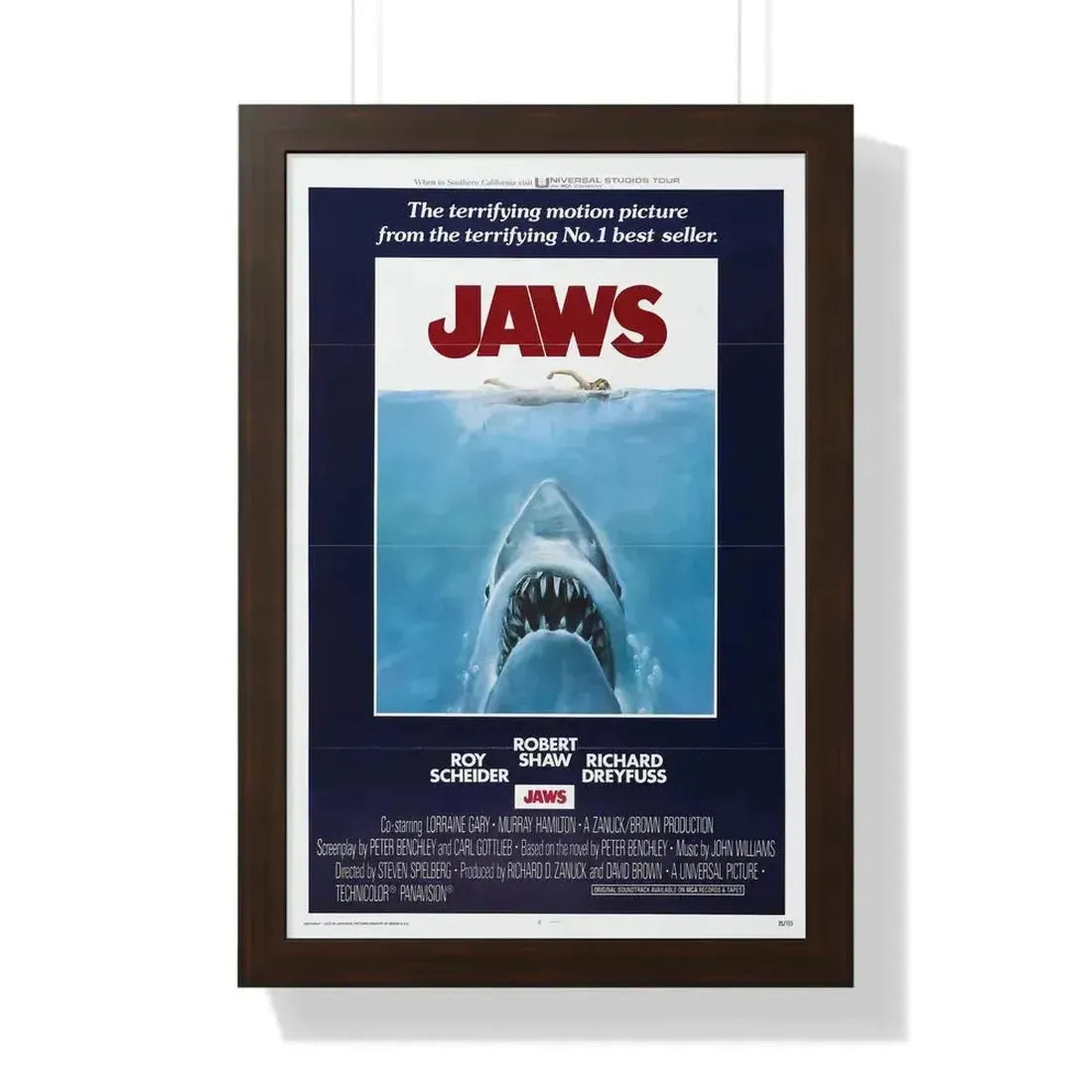 JAWS 1975 - Framed Movie Poster 16″ x 24″ Walnut - The Sticker Space