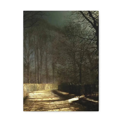 John Atkinson Grimshaw (1836-1893) A Moonlit Lane, with Two Lovers by a Gate - c1860-1893 - Canvas Wall Art 12″ x 16″ 1.25" - The Sticker Space