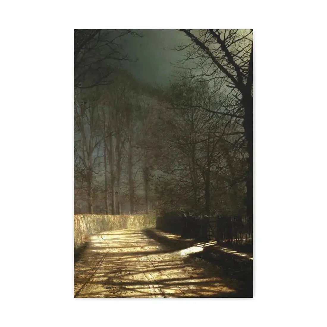 John Atkinson Grimshaw (1836-1893) A Moonlit Lane, with Two Lovers by a Gate - c1860-1893 - Canvas Wall Art 16″ x 24″ 1.25" - The Sticker Space