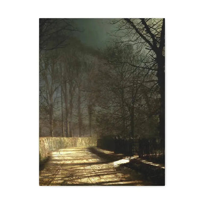 John Atkinson Grimshaw (1836-1893) A Moonlit Lane, with Two Lovers by a Gate - c1860-1893 - Canvas Wall Art 18″ x 24″ 1.25" - The Sticker Space