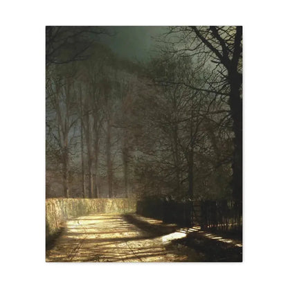 John Atkinson Grimshaw (1836-1893) A Moonlit Lane, with Two Lovers by a Gate - c1860-1893 - Canvas Wall Art 20″ x 24″ 1.25" - The Sticker Space