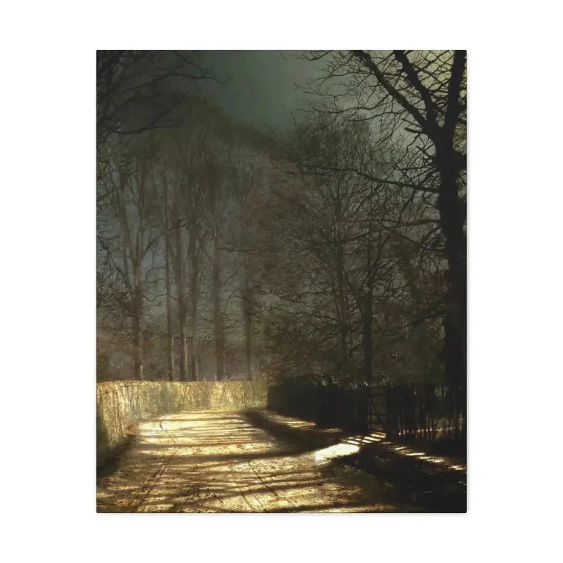 John Atkinson Grimshaw (1836-1893) A Moonlit Lane, with Two Lovers by a Gate - c1860-1893 - Canvas Wall Art 24″ x 30″ 1.25" - The Sticker Space