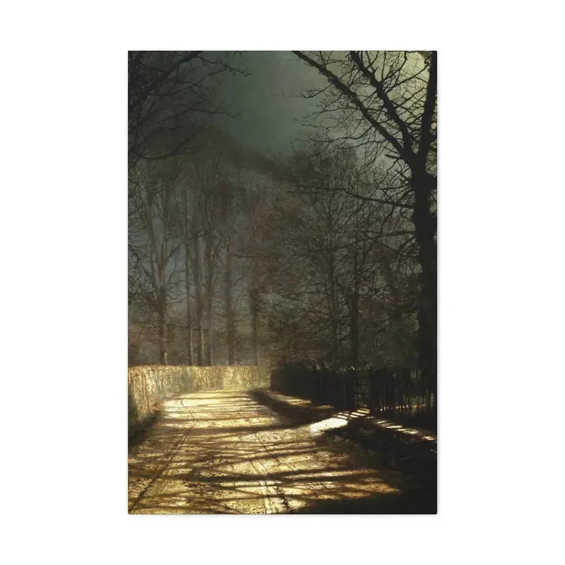 John Atkinson Grimshaw (1836-1893) A Moonlit Lane, with Two Lovers by a Gate - c1860-1893 - Canvas Wall Art 24″ x 36″ 1.25" - The Sticker Space