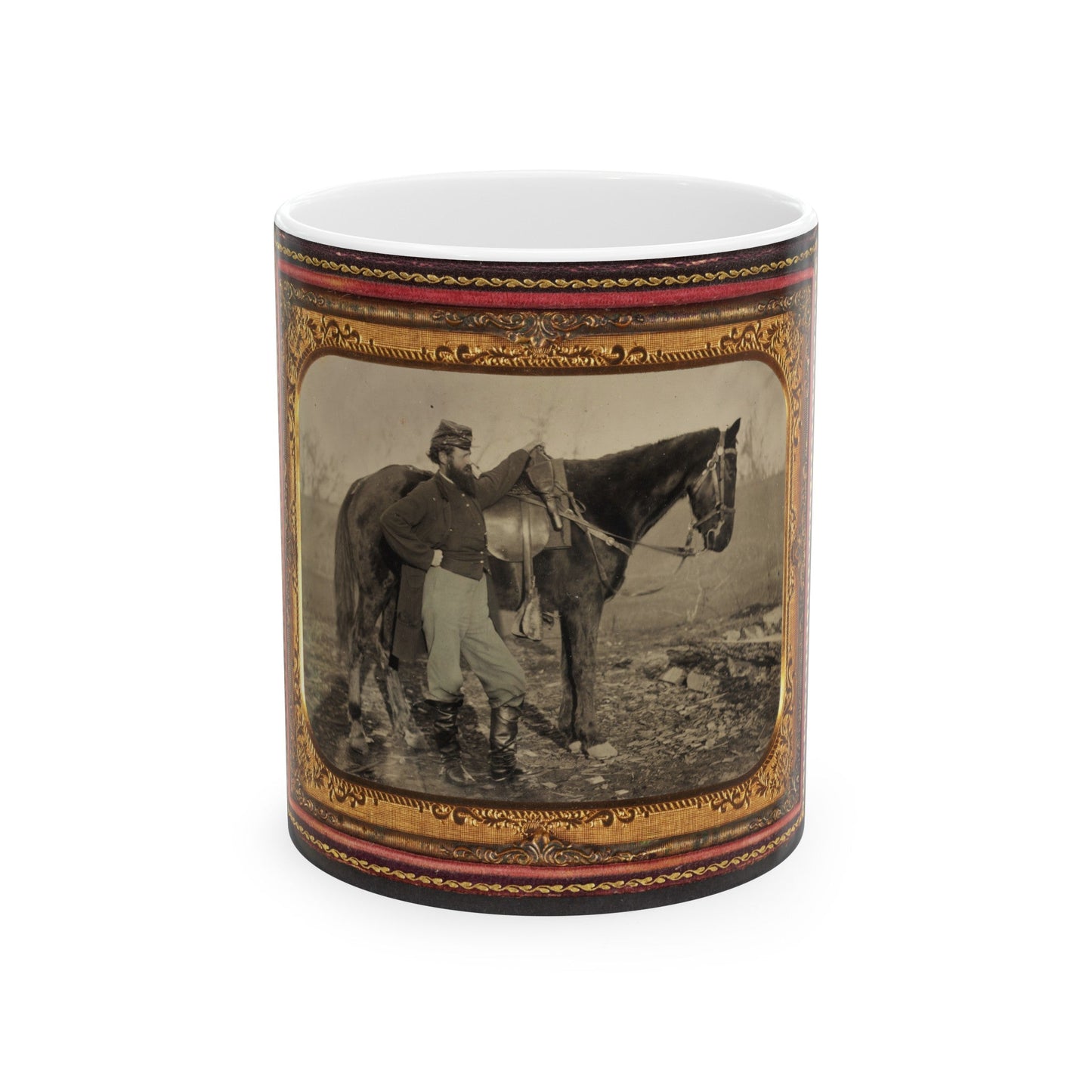 John E. Cummins Of The 50th, 99th, And 185th Ohio Infantry Regiments In Union Uniform Next To A Horse (U.S. Civil War) White Coffee Mug-11oz-The Sticker Space