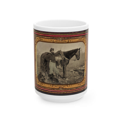 John E. Cummins Of The 50th, 99th, And 185th Ohio Infantry Regiments In Union Uniform Next To A Horse (U.S. Civil War) White Coffee Mug-15oz-The Sticker Space