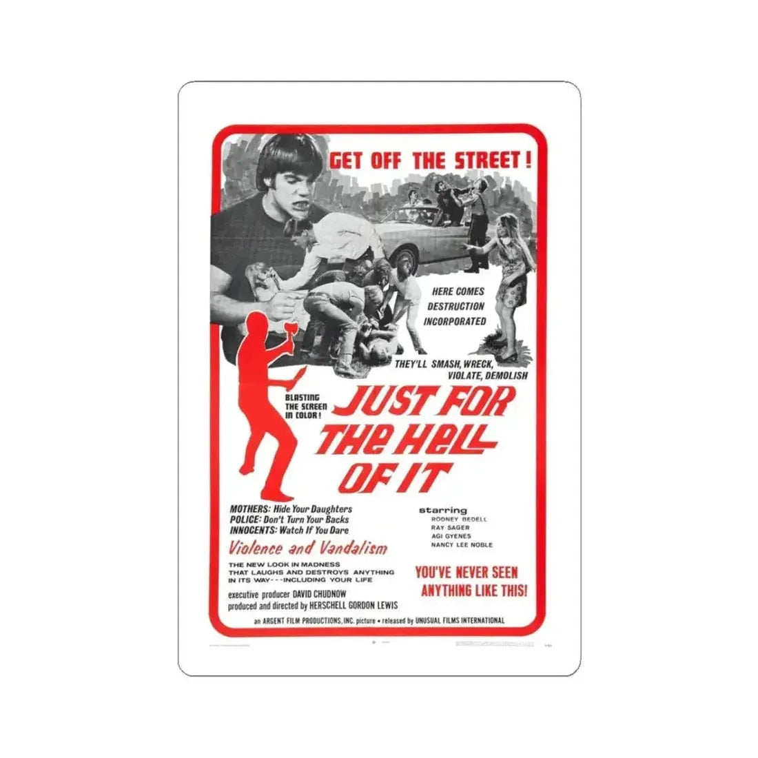 JUST FOR THE HELL OF IT 1968 Movie Poster - STICKER Vinyl Kiss-Cut Decal 3 Inch White - The Sticker Space