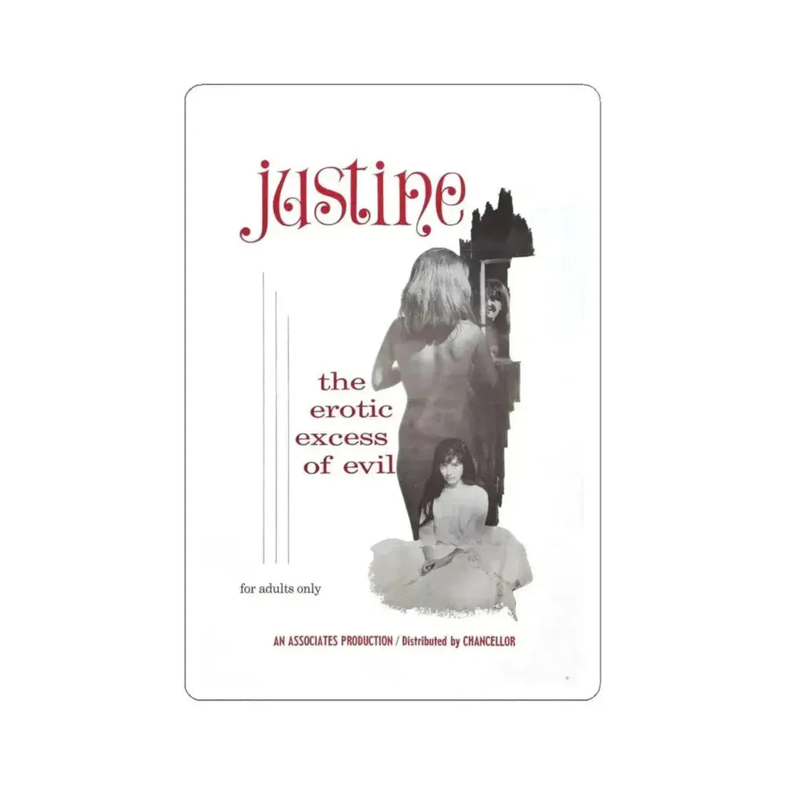 JUSTINE 1980 Movie Poster - STICKER Vinyl Kiss-Cut Decal 4 Inch White - The Sticker Space