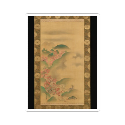 Hanging scroll of red maple trees on a green hillside above a stream, with misty mountains beyond.