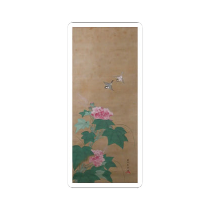 Painting of two small birds in flight above pink hibiscus blossoms and green leaves on a warm tan silk ground.