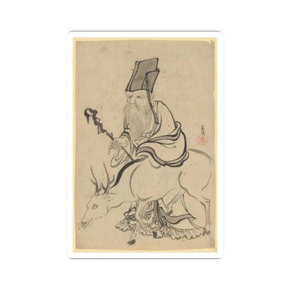 Ink and grey wash drawing of a bearded sage in a tall black hat riding a white antlered deer, holding a curled staff.