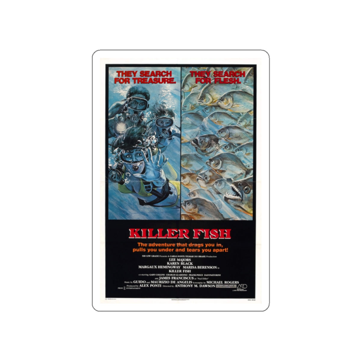 KILLER FISH 1979 Movie Poster STICKER Vinyl Die-Cut Decal-2 Inch-The Sticker Space