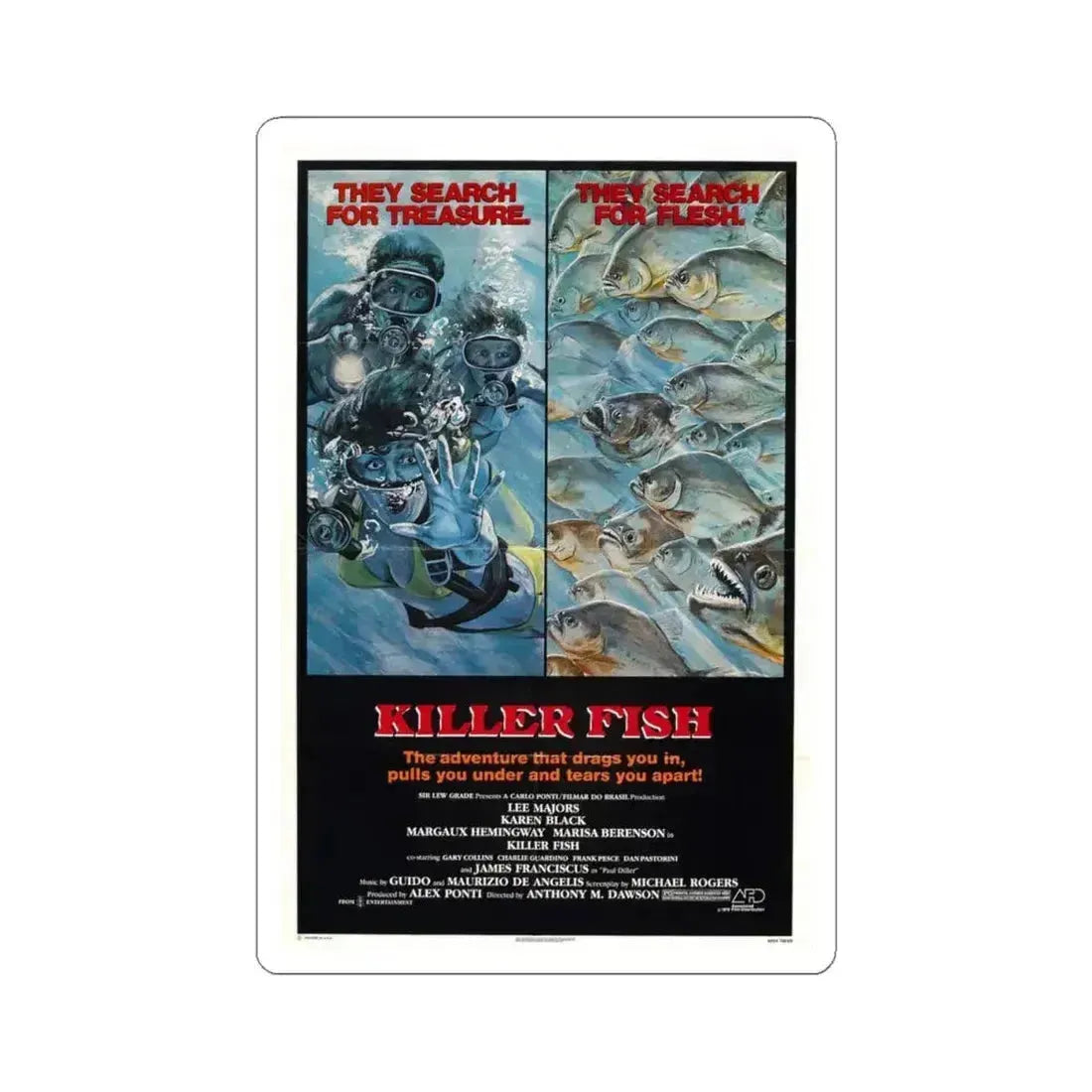 KILLER FISH 1979 Movie Poster - STICKER Vinyl Kiss-Cut Decal 4 Inch White - The Sticker Space