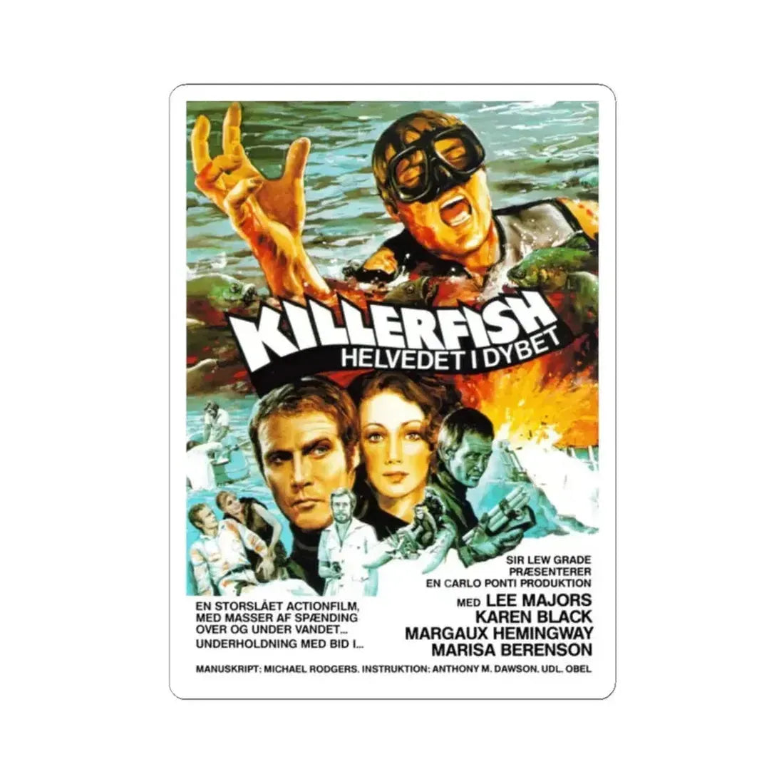 KILLER FISH (DENMARK) 1979 Movie Poster - STICKER Vinyl Kiss-Cut Decal 2 Inch White - The Sticker Space