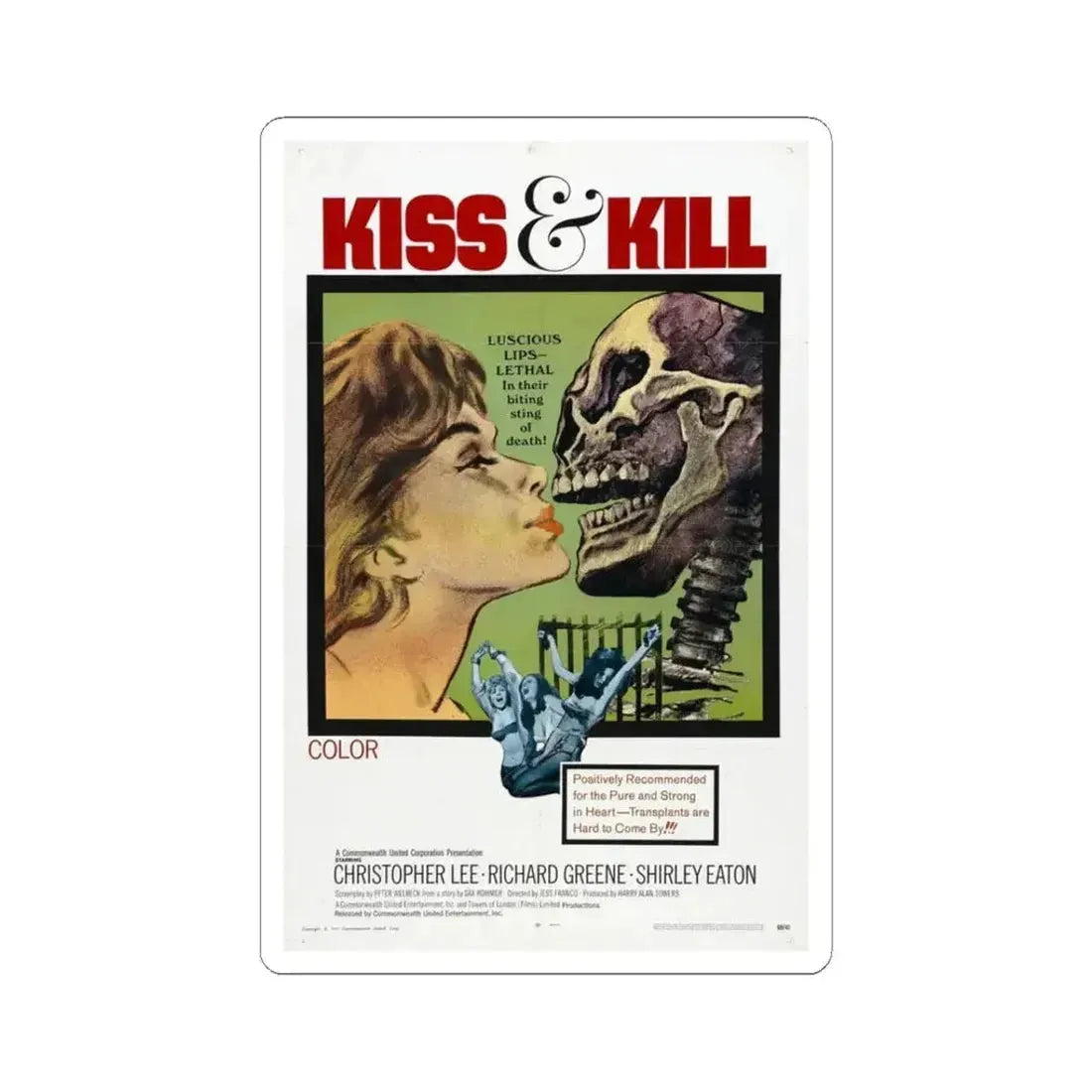 KISS & KILL 1969 Movie Poster - STICKER Vinyl Kiss-Cut Decal 3 Inch White - The Sticker Space