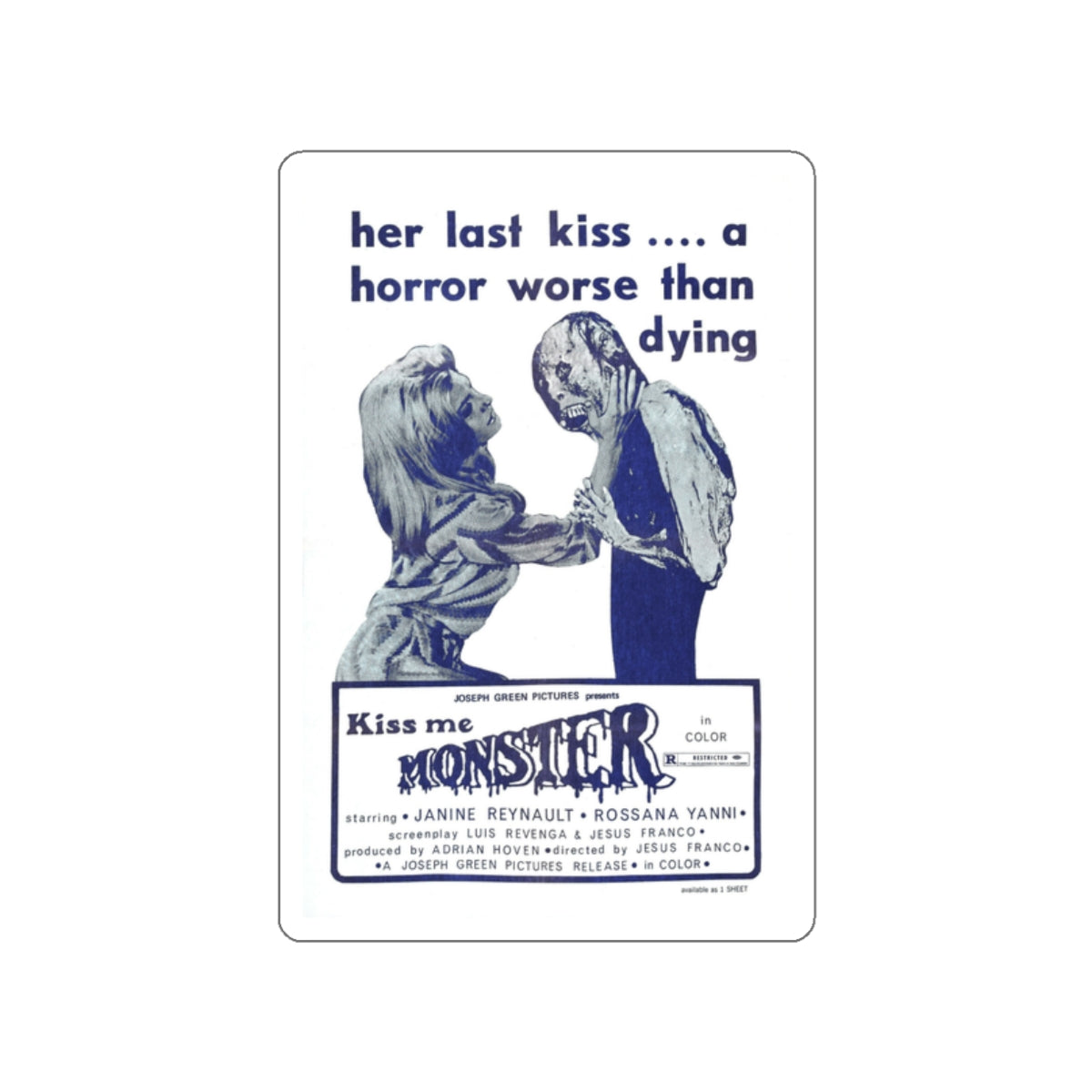 KISS ME MONSTER 1969 Movie Poster STICKER Vinyl Die-Cut Decal-2 Inch-The Sticker Space