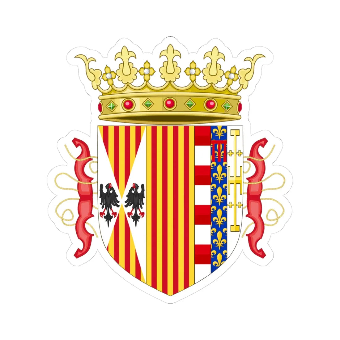 Lesser Coat of Arms of Ferdinand II of Aragon Both Sicilies and Count of Barcelona 1504-1516 (Italy) (Coat of Arms) STICKER Vinyl Kiss-Cut Decal 3 Inch White - The Sticker Space