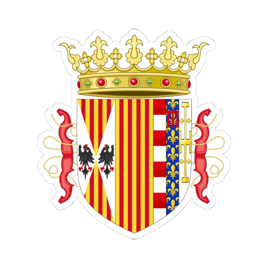 Lesser Coat of Arms of Ferdinand II of Aragon Both Sicilies and Count of Barcelona 1504-1516 (Italy) (Coat of Arms) STICKER Vinyl Kiss-Cut Decal 4 Inch White - The Sticker Space