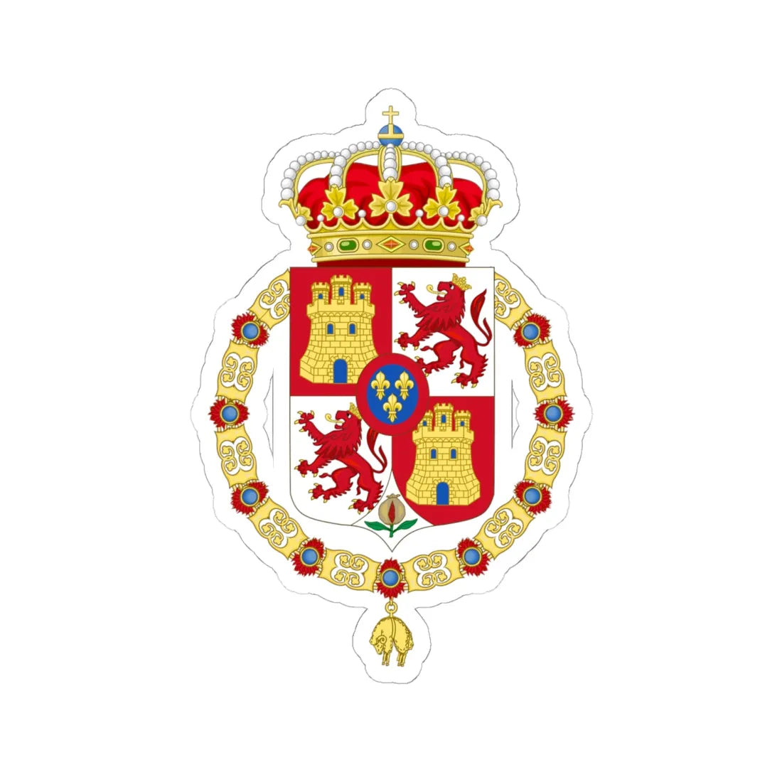 Lesser Royal Coat of Arms of Spain 1700-1868 and 1834-1930 Golden Fleece Variant (Spain) (Coat of Arms) STICKER Vinyl Kiss-Cut Decal 6 Inch White - The Sticker Space