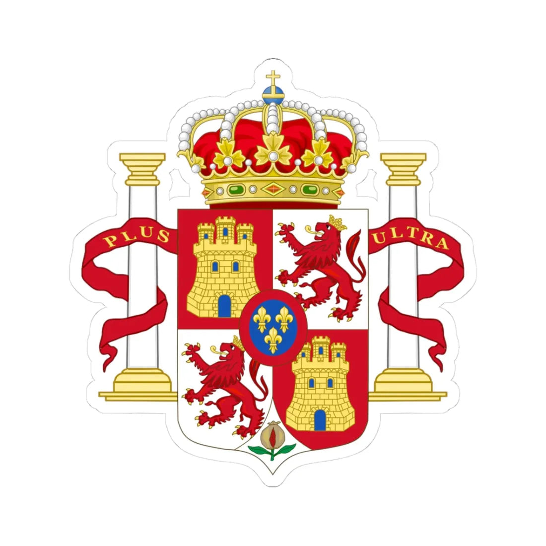 Lesser Royal Coat of Arms of Spain 1700-1868 and 1834-1930 Pillars of Hercules Variant (Spain) (Coat of Arms) STICKER Vinyl Kiss-Cut Decal 3 Inch White - The Sticker Space