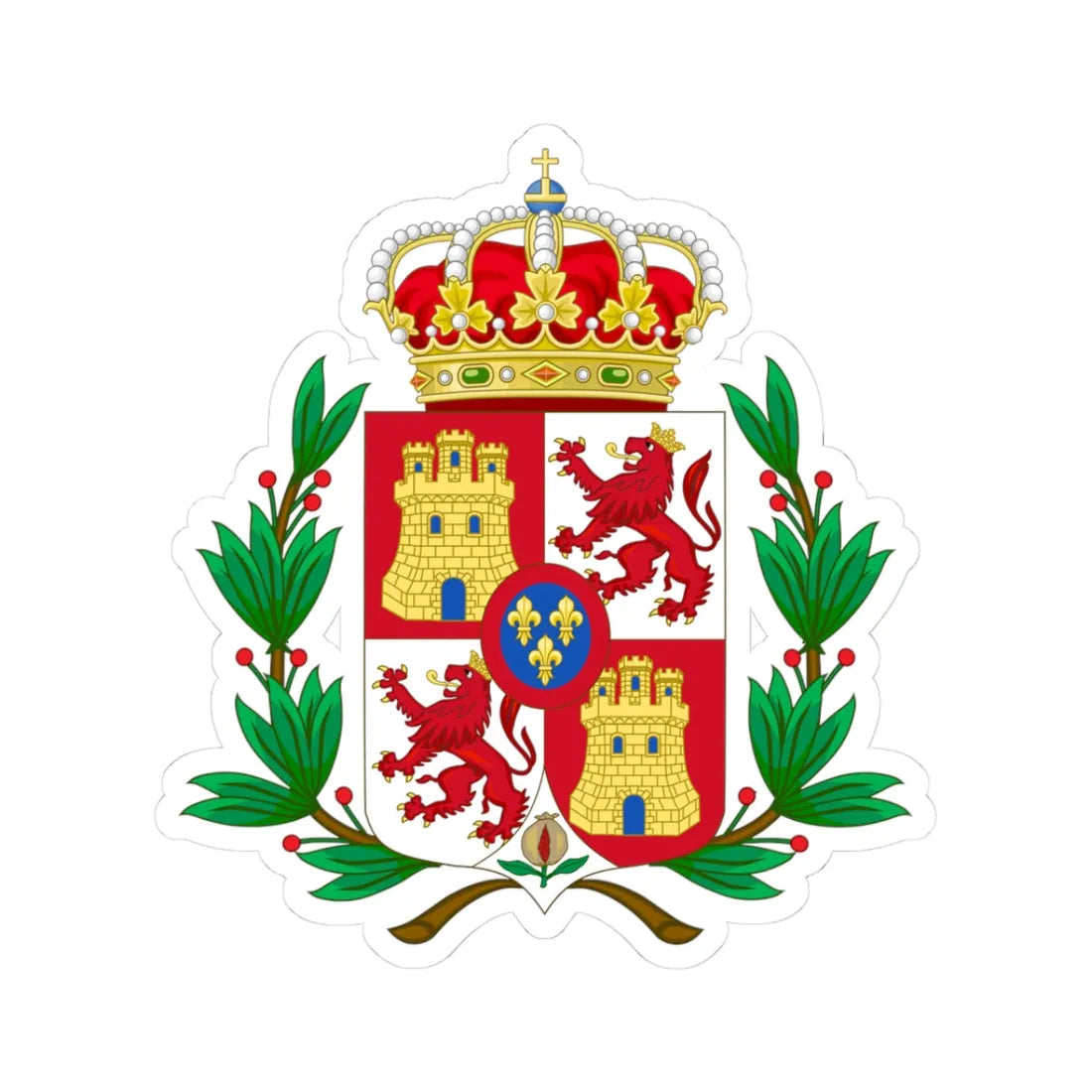 Lesser Royal Coat of Arms of Spain 1700-1868 and 1874-1930 Laurel Variant (Spain) (Coat of Arms) STICKER Vinyl Kiss-Cut Decal 3 Inch White - The Sticker Space