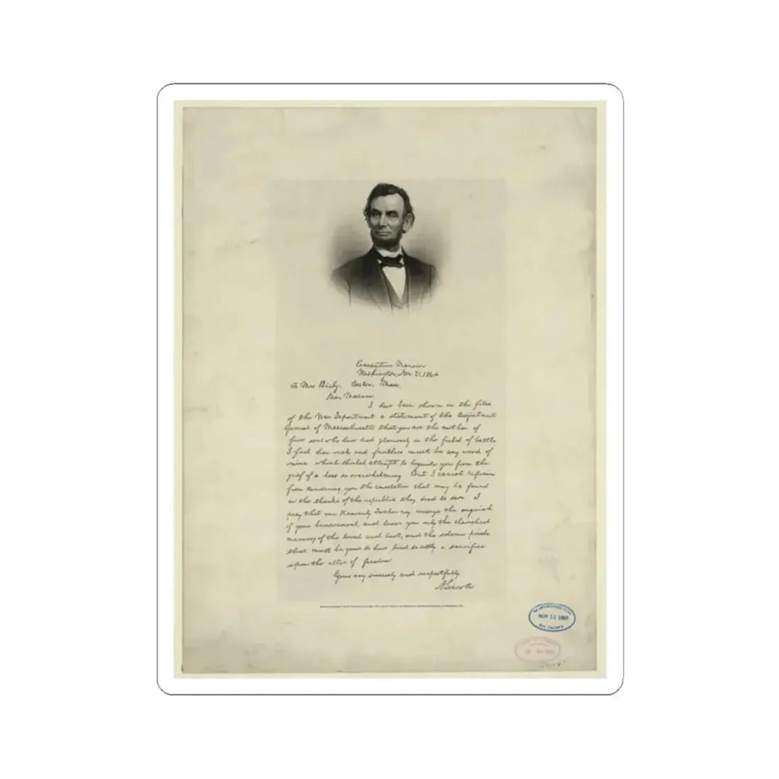 Letter From Abraham Lincoln to Mrs. Bixby, With Bust-Length Portrait of Lincoln (U.S. Civil War) STICKER Vinyl Kiss-Cut Decal 2 Inch White - The Sticker Space