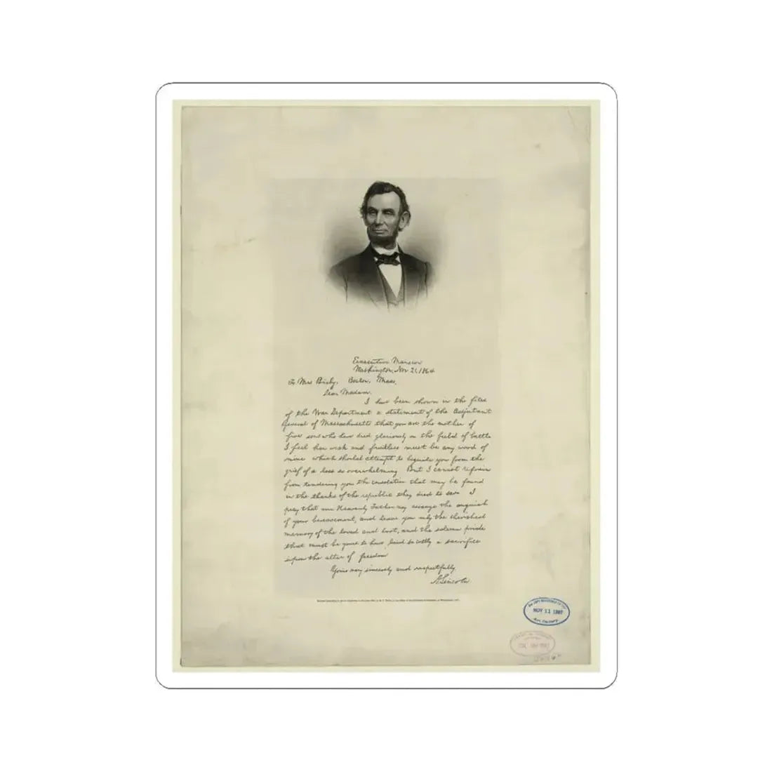 Letter From Abraham Lincoln to Mrs. Bixby, With Bust-Length Portrait of Lincoln (U.S. Civil War) STICKER Vinyl Kiss-Cut Decal 3 Inch White - The Sticker Space