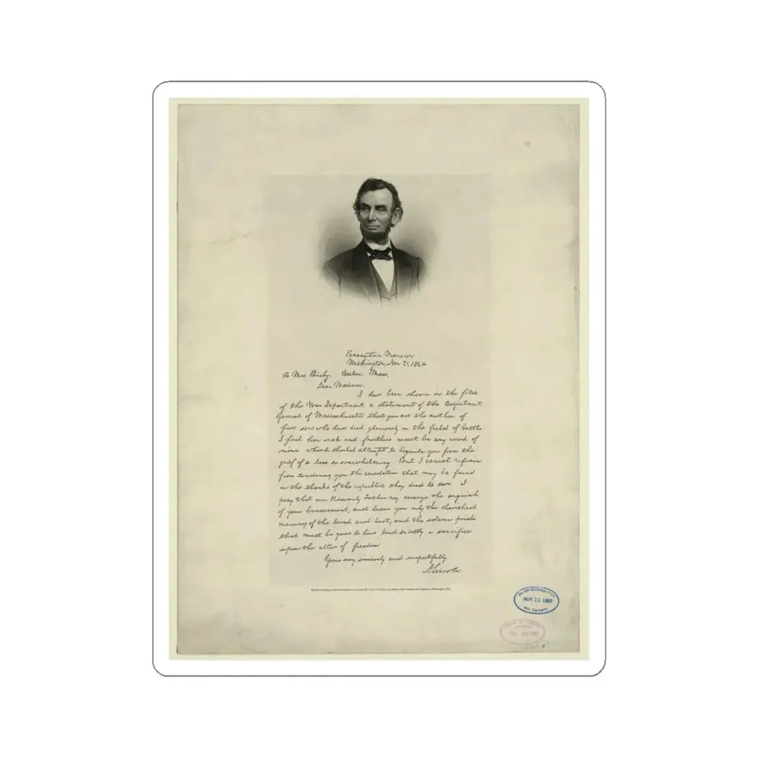 Letter From Abraham Lincoln to Mrs. Bixby, With Bust-Length Portrait of Lincoln (U.S. Civil War) STICKER Vinyl Kiss-Cut Decal 4 Inch White - The Sticker Space
